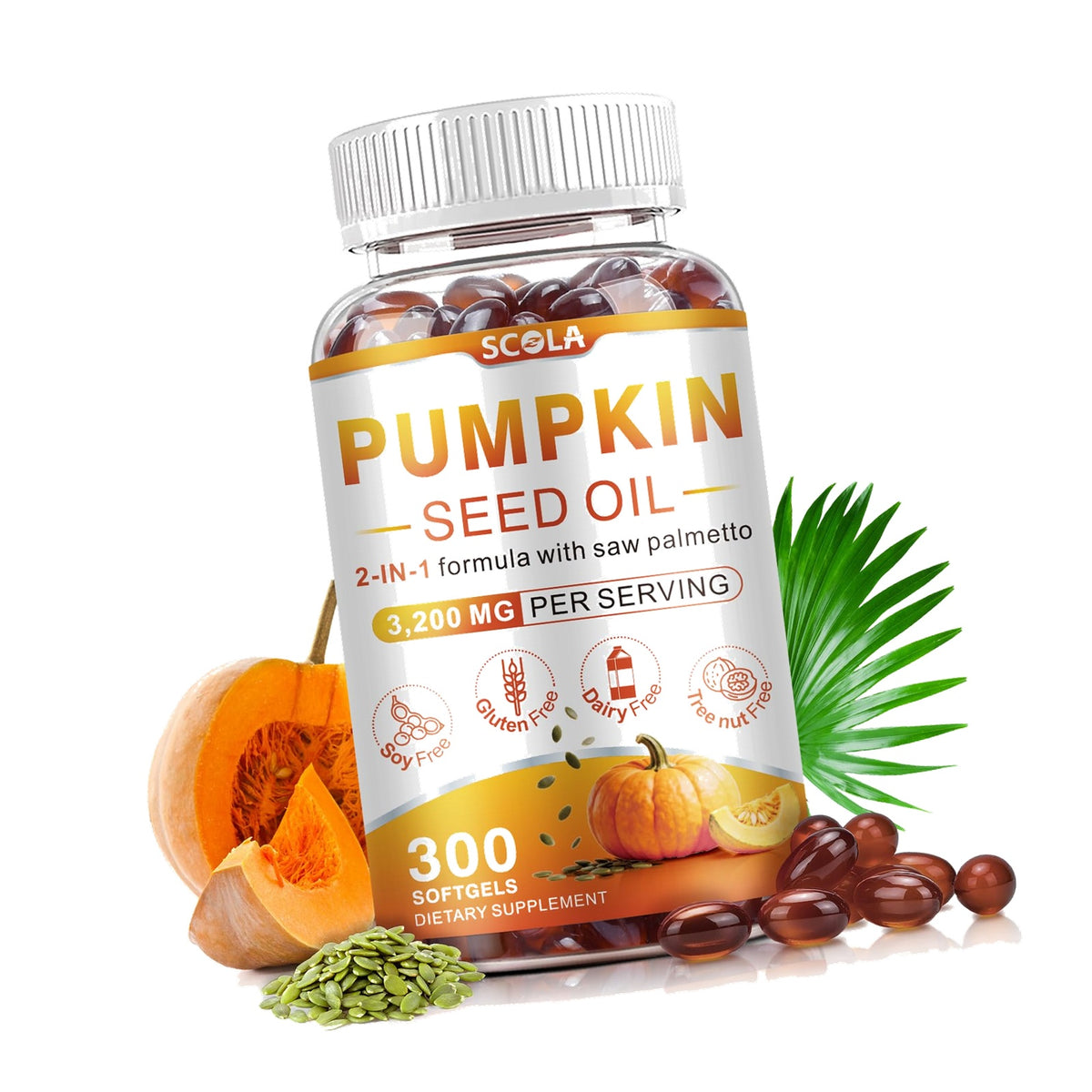 SCOLA Pumpkin Seed Oil with Saw Palmetto,3200mg/Serving,300 Softgels