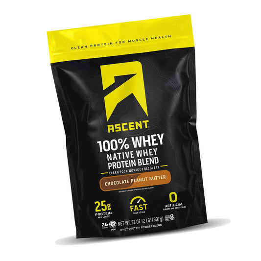 Ascent 100% Whey Protein Powder - Post Workout Whey Protein Isolate, Zero Artificial Flavors & Sweeteners, Gluten Free, 5.5g BCAA, 2.6g Leucine, Essential Amino Acids, Chocolate Peanut Butter 2 lb
