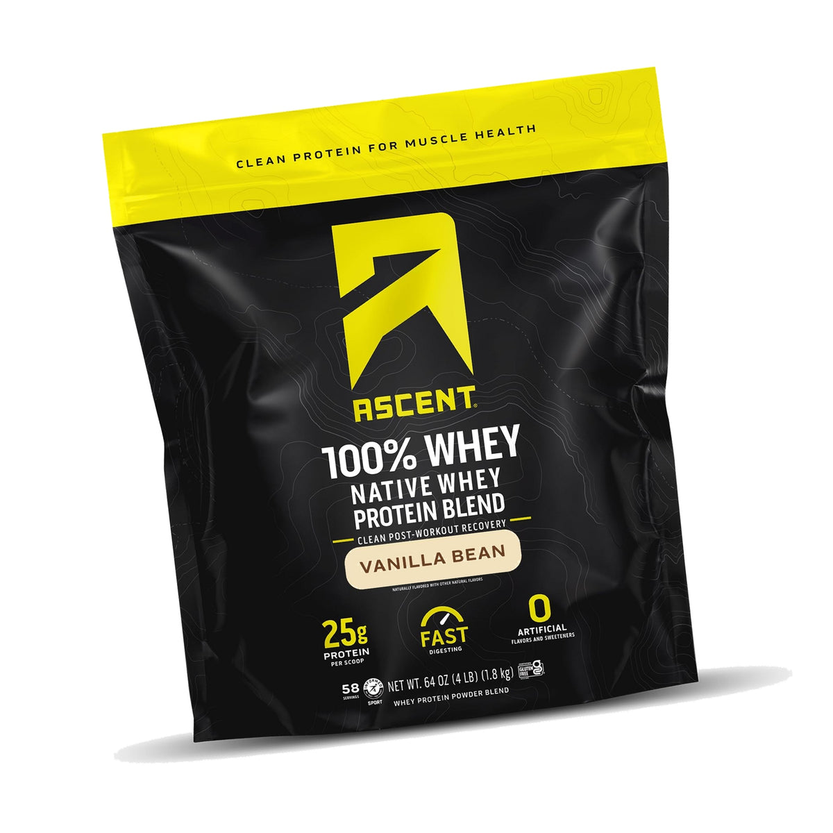 Ascent 100% Whey, Native Whey Protein Blend - Clean Post Workout Recovery, Digesting, Zero Artificial Flavors & Sweeteners, Gluten Free, 5.5g BCAA, 2.6g Leucine, Vanilla Bean 4 lb.