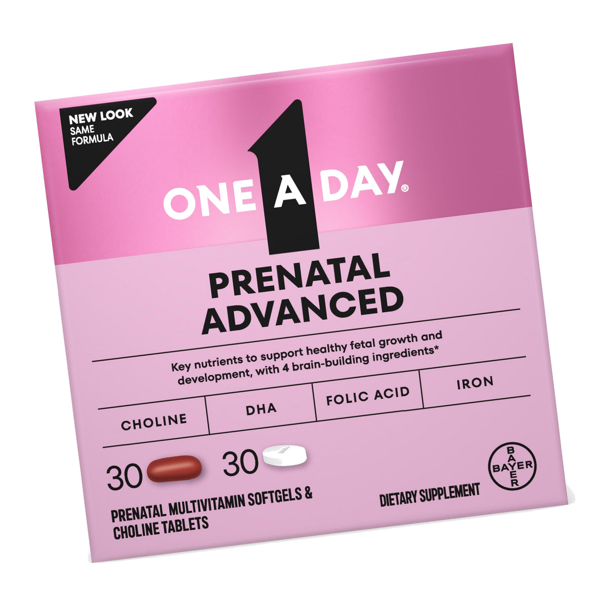 One A Day Prenatal Advanced- Prenatal Vitamins with Folic Acid, Choline, DHA & Iron, Pregnancy Vitamins for Women to Support Baby’s Development, 30+30 Ct (60 Total Set) (Packaging May Vary)