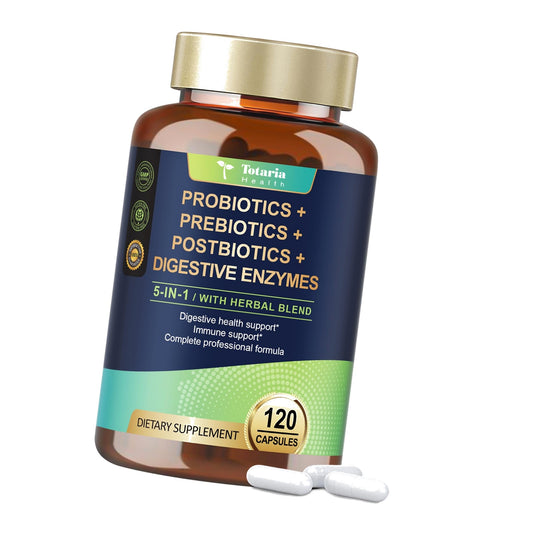 Totaria 5-in-1 Probiotic Prebiotic & Postbiotic for Women Men, 60 Billion CFU 24 Strains w/Digestive Enzymes, Prebiotic Fiber, Slippery Elm, Daily Complete Immune, Gut Health, 120 Day Supply