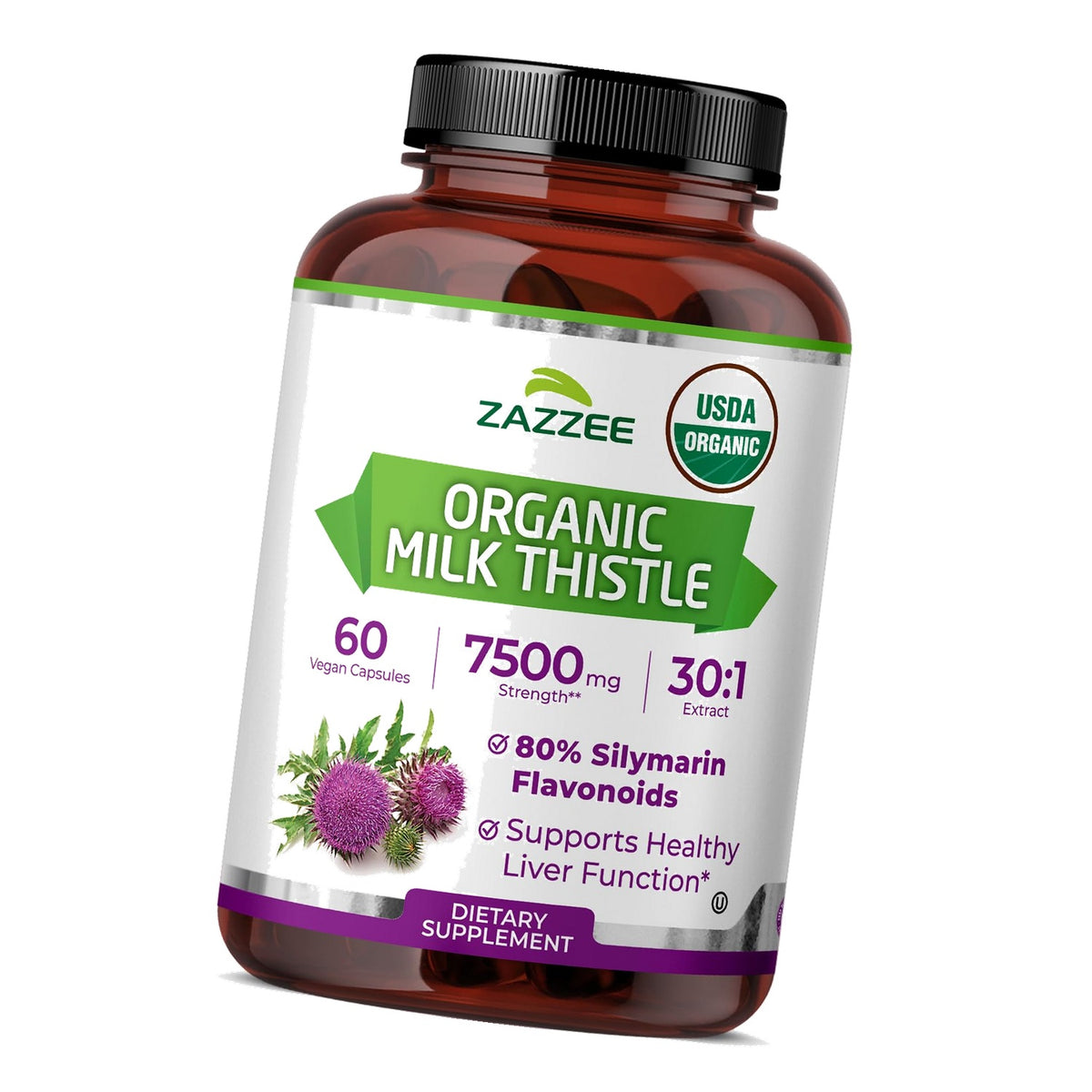 Zazzee USDA Organic Milk Thistle 30:1 Extract, 80% Silymarin, 60 Capsules