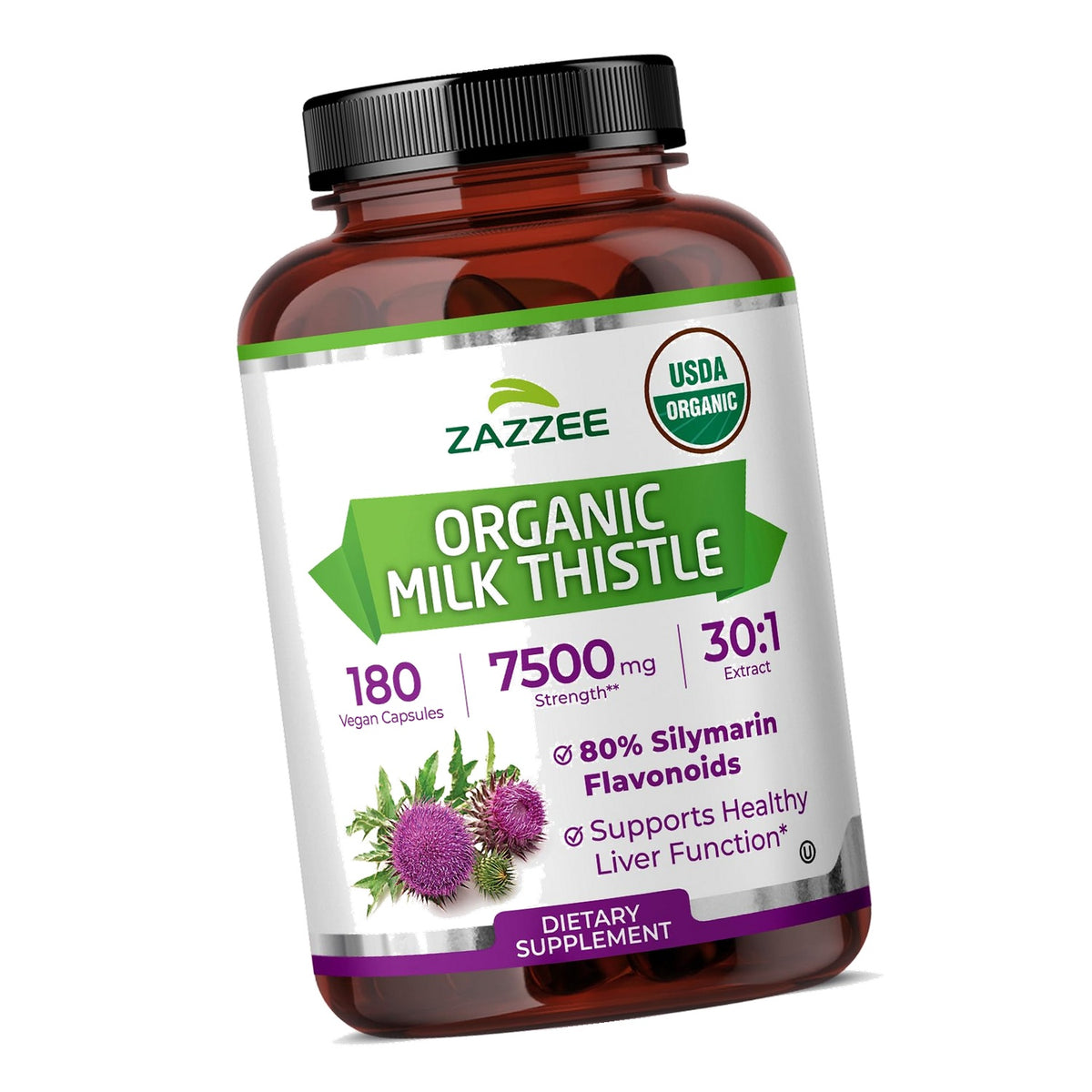 Zazzee USDA Organic Milk Thistle 30:1 Extract, 80% Silymarin, 180 Capsules