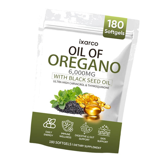 ixarco Oil of Oregano with Black Seed Oil, Oregano Oil Supplement for Immune Wellness, Gut & Digestive Health, Daily Energy, Non-GMO, Gluten Free, 180 Softgels (1)