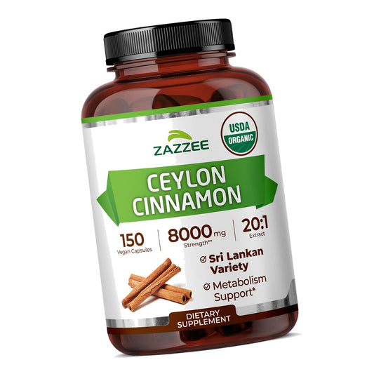 Zazzee USDA Organic Ceylon Cinnamon 20:1 Extract, 150 Capsules, Sri Lankan