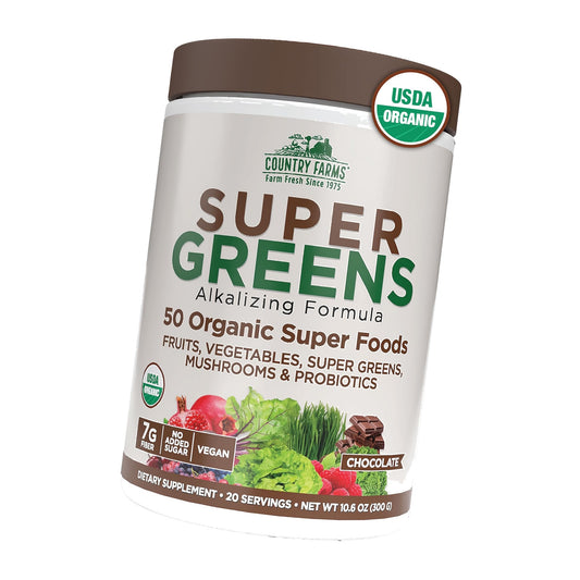 Country Farms Organic Super Greens Powder, Chocolate Flavor, Daily Greens with Fiber, Mushrooms & Probiotics for Gut Health and Energy