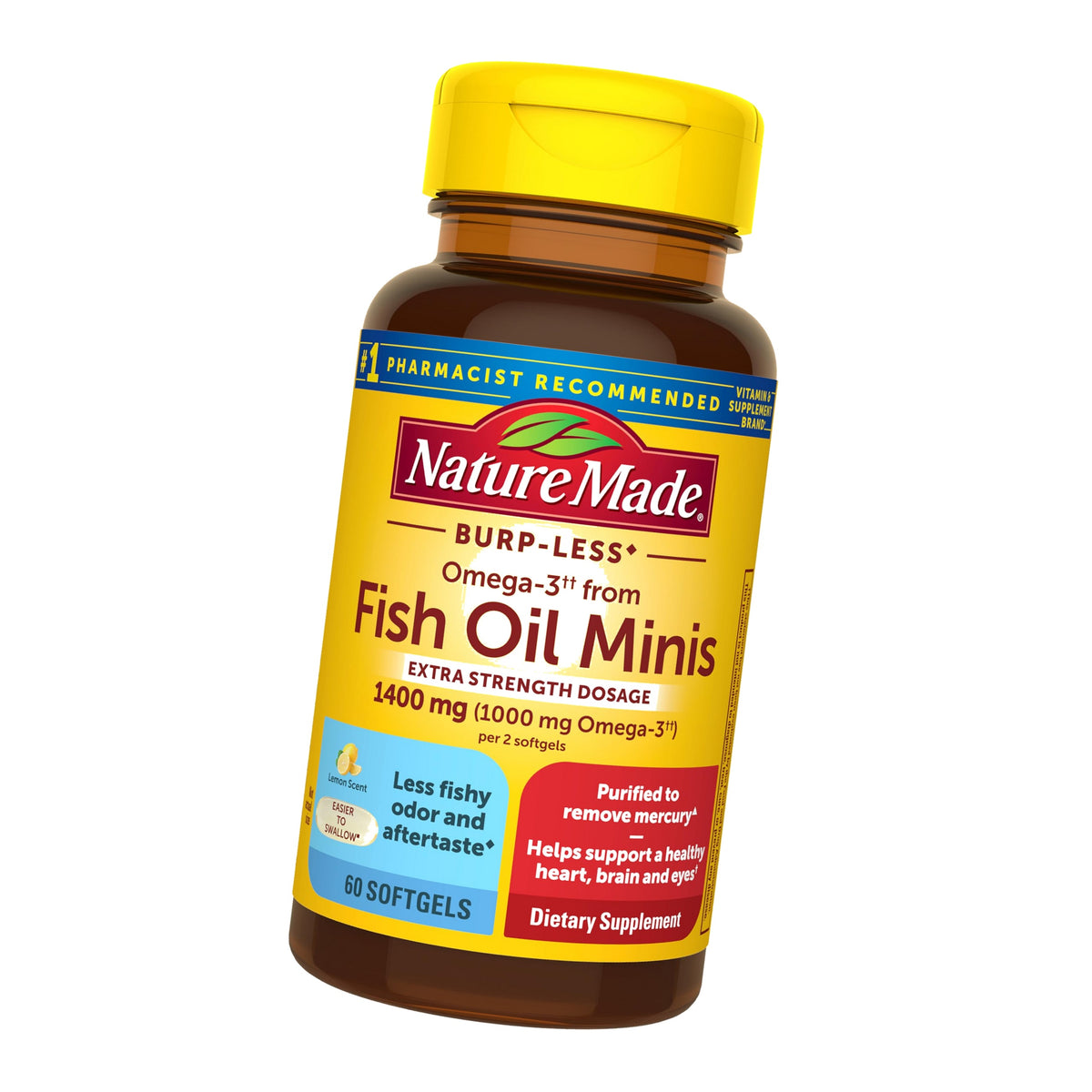 Nature Made Burp Less Fish Oil Omega 3, 1400 mg Minis, 60 Softgels
