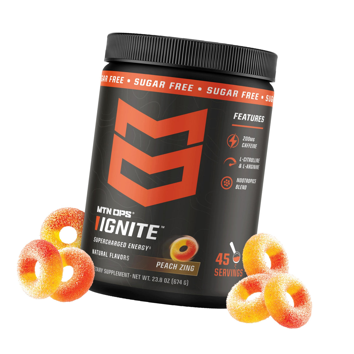 MTN OPS Ignite Energy Powder, Zero Sugar, Peach Zing