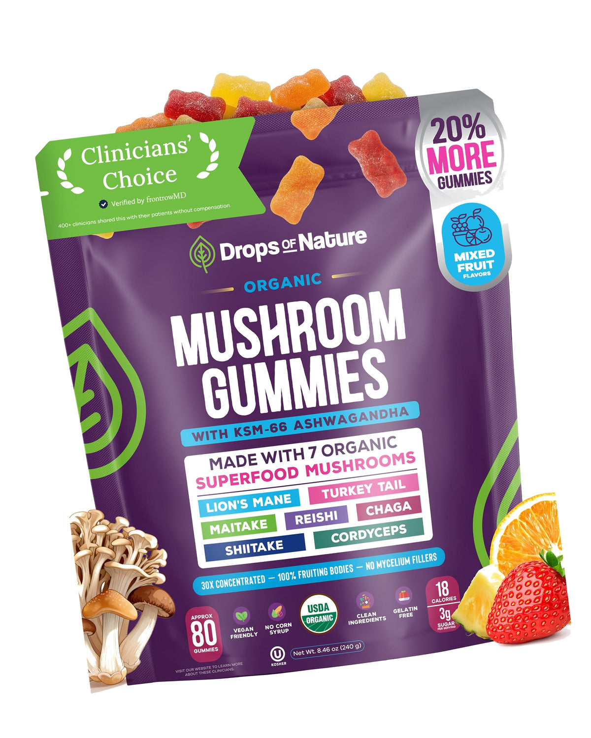 Drops Of Nature Organic Mushroom Gummies & Ashwagandha - Mixed Berry, 80 ct