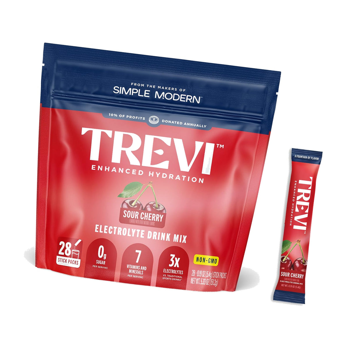 TREVI Electrolytes Powder Packets Sugar Free Hydration Sour Cherry 28 Count