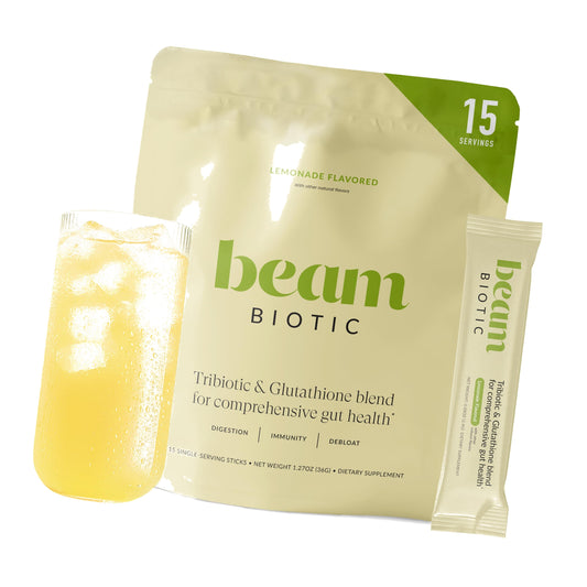 BEAM Biotic Probiotics for Women & Men – Gut Health for Women & Men, Digestive Health with Pre, Pro & Postbiotics + Glutathione, Daily Probiotic Drink for Bloating Relief, Lemonade, 15 Servings