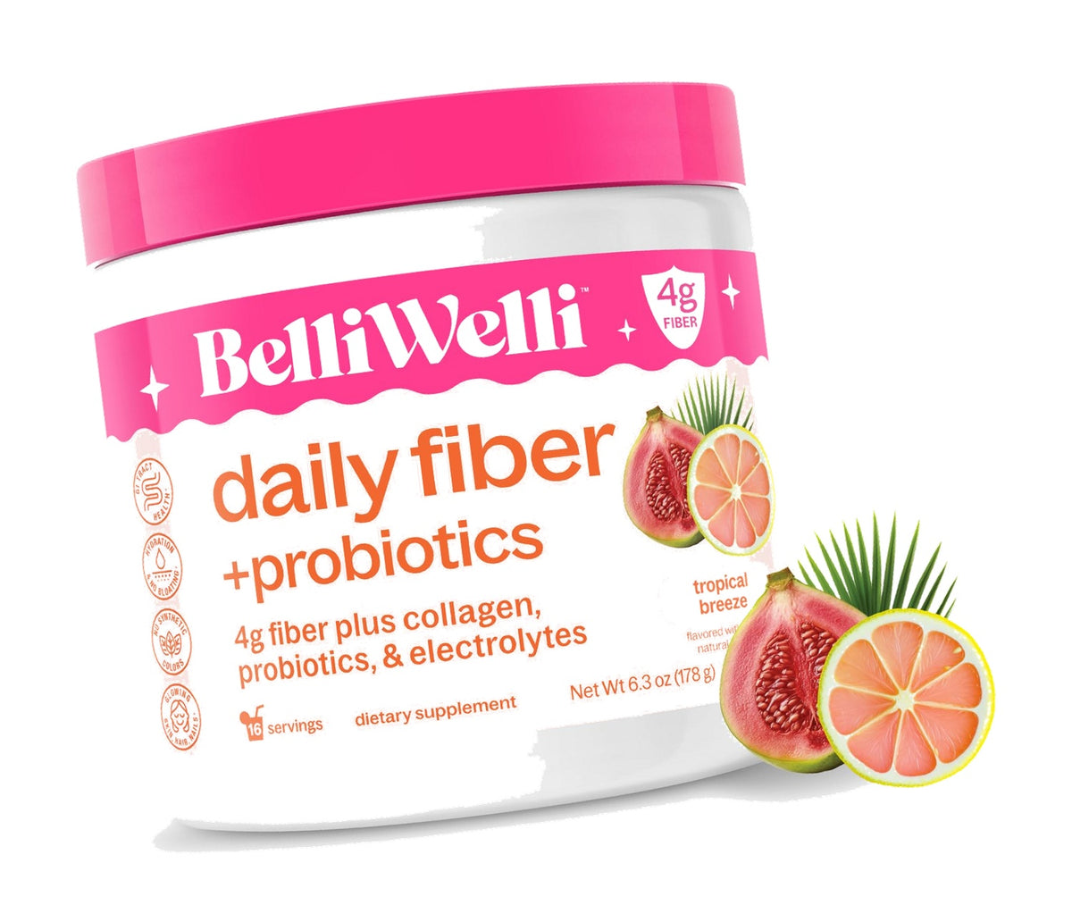 Belli Welli Fiber Supplement Powder with Prebiotics for Digestive Health and GLP-1 Support, Soluble Fiber for Gut Health & Debloat, Keto, Gluten Free, 16 Servings (1 Pack) Tropical