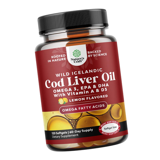 Wild Icelandic Cod Liver Oil Softgels for Healthy Heart, Eye, Brain Health - Lemon Flavored - Omega-3 Fish Oil Supplement with EPA & DHA + Vitamin A & D3-60-Day Supply – 120 Softgels