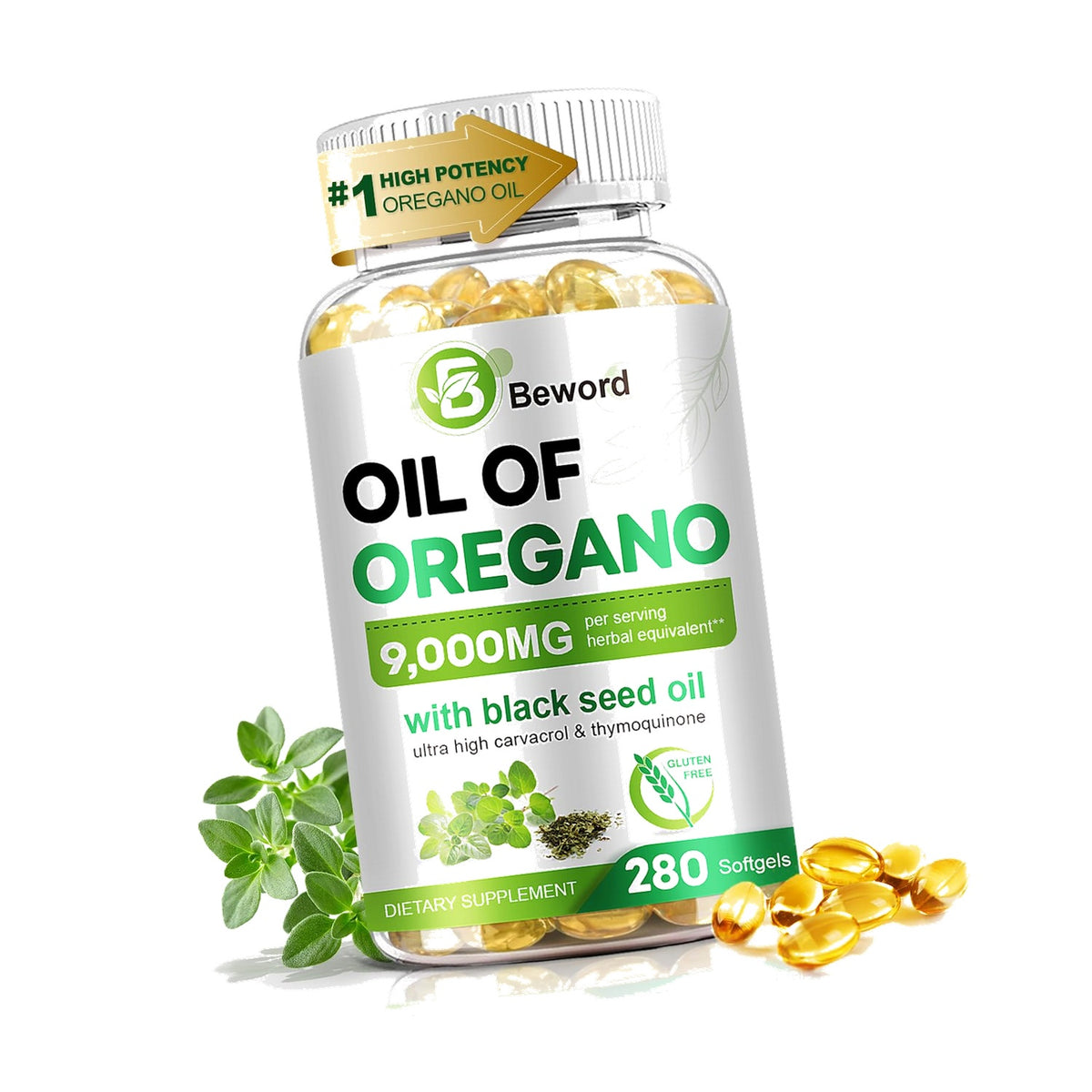 BEWORD Oil of Oregano with Black Seed Oil, 280 Softgels, 9000mg Per Serving