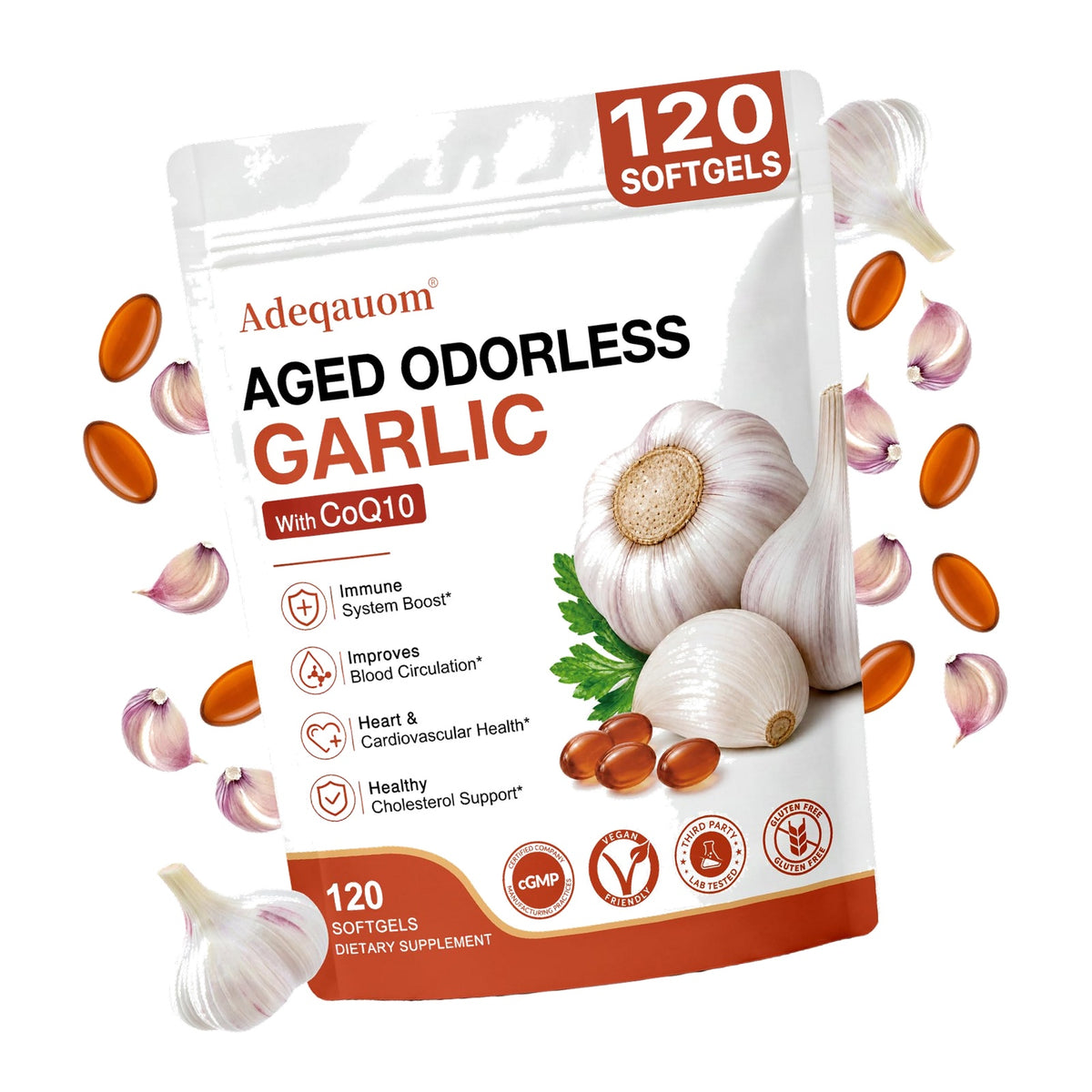Aged Garlic Extract Softgels 1200 mg Odorless with CoQ10 Ubiquinol & Vitamin K2, 2 Years Aged Matured – Standardized for S-Allyl Cysteine | Heart & Immune Antioxidant Supplements, 120 Softgels