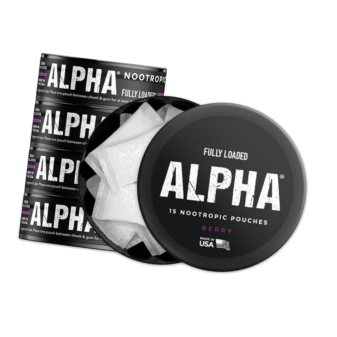 Fully Loaded Alpha Nootropic Pouches (Berry) - 5 Cans - 15 Pouches per can - Effective Nootropic Delivery, Nic Pouch Replacement - Faster Absorption, Alpha GPC, L-Tyrosine, GABA