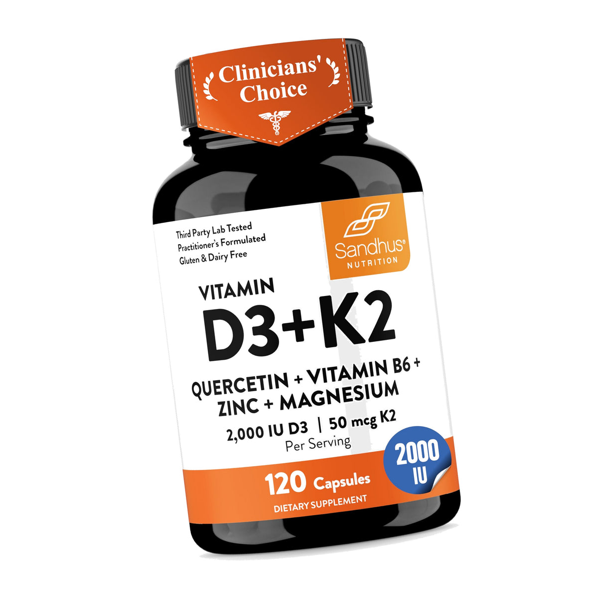 Vitamin D3 K2 2000 IU 120mcg Magnesium Zinc B6 Quercetin Capsules 120 Count