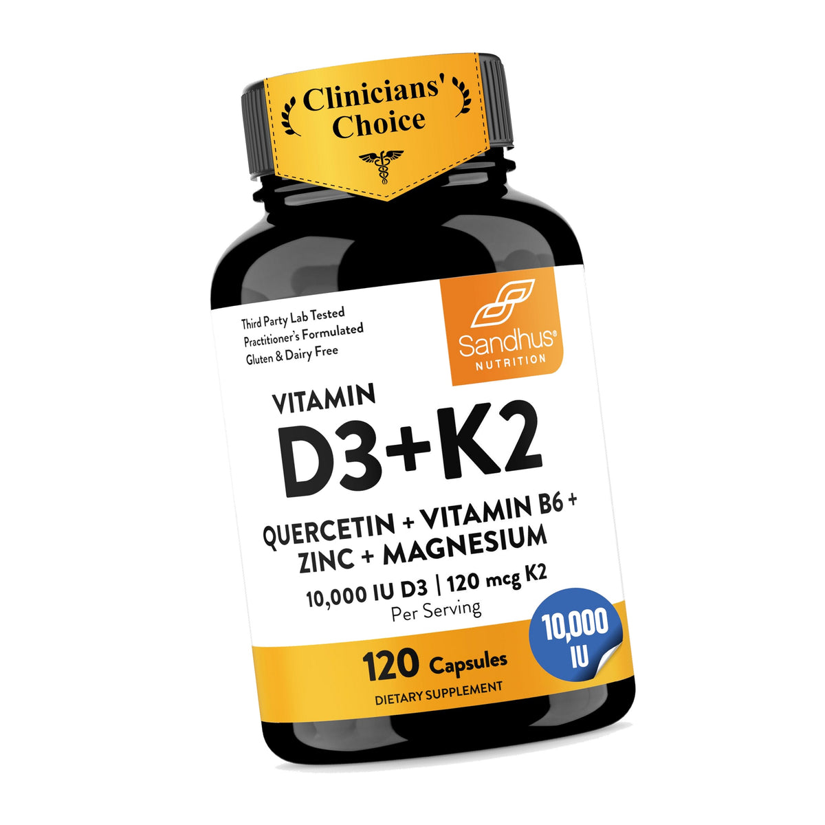Vitamin D3 K2 10000 IU 120mcg Magnesium Zinc B6 Quercetin Capsules 120 Ct