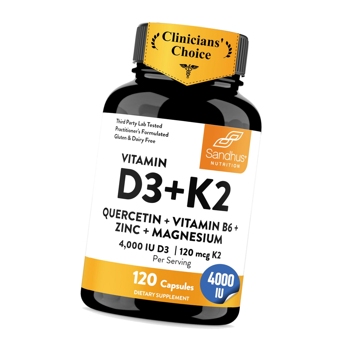 Vitamin D3 K2 4000 IU 120mcg Magnesium Zinc B6 Quercetin Capsules 120 Count