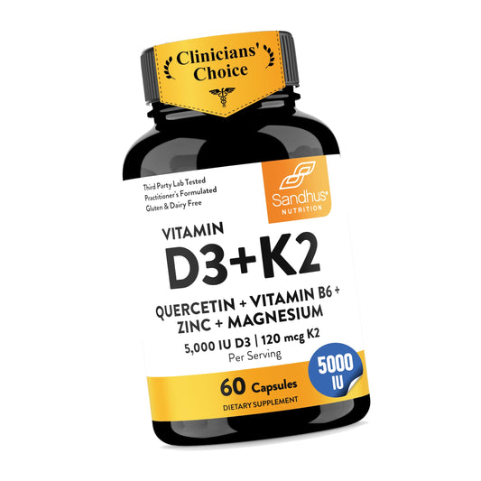 Vitamin D3 K2 5000 IU 120mcg Magnesium Zinc B6 Quercetin Capsules 60 Count