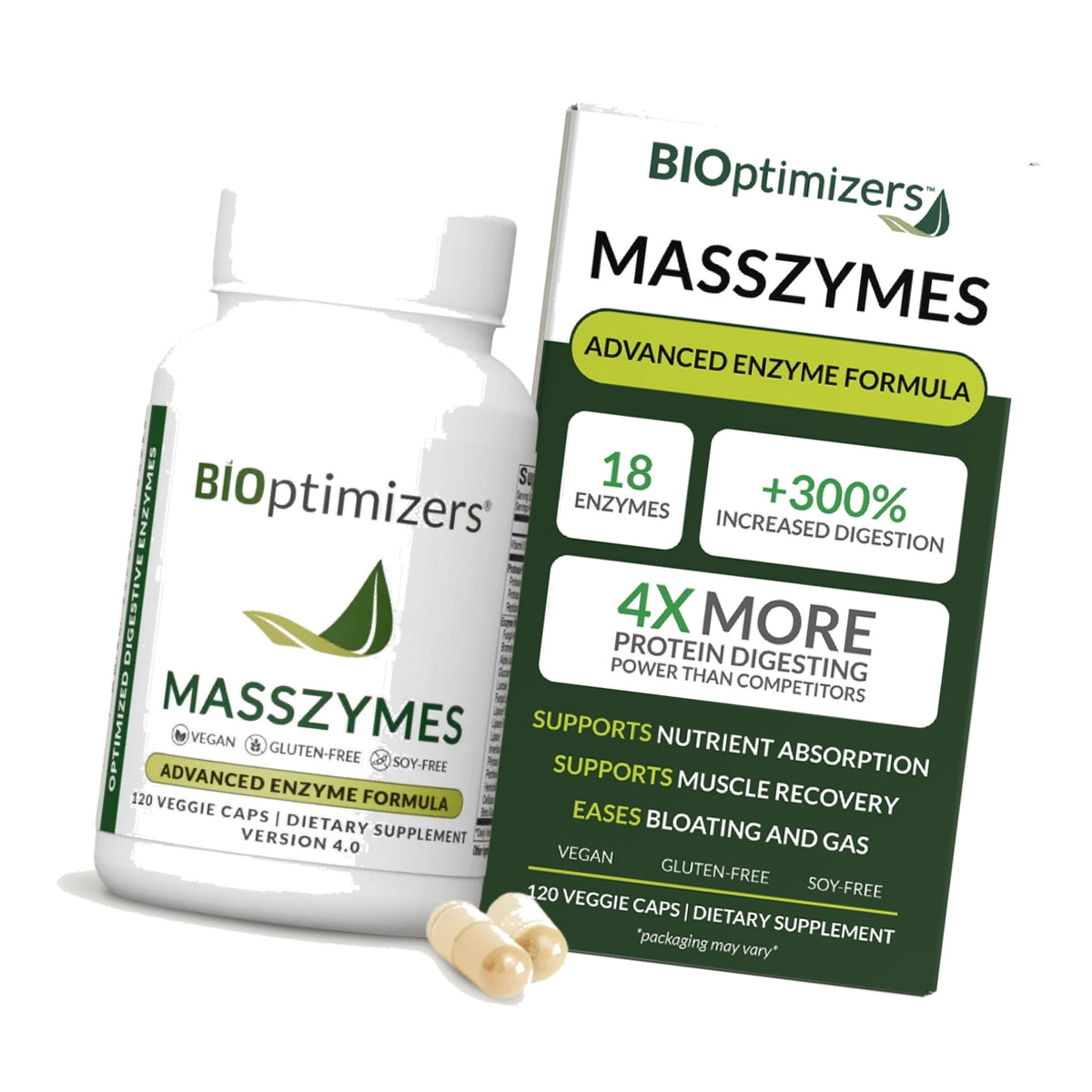 BIOptimizers MassZymes - Complete Digestive Enzymes Supplement for Gut Health - Bloating Relief for Men and Women - Lipase Amylase Bromelain Digestive Enzymes (120 Capsules)