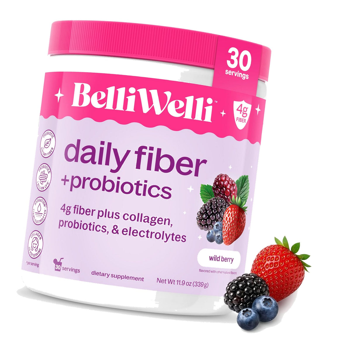 Belli Welli Fiber Supplement Powder with Prebiotics for Digestive Health and GLP-1 Support, Soluble Fiber for Gut Health & Debloat, Keto, Gluten Free, 30 Servings (1 Pack) Wild Berry