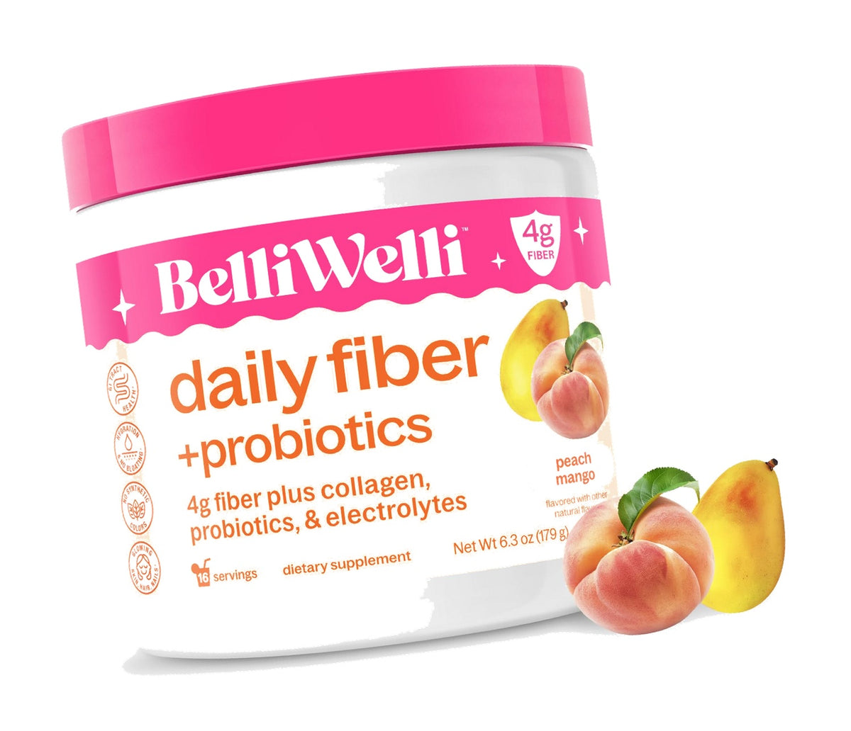 Belli Welli Fiber Supplement Powder with Prebiotics for Digestive Health and GLP-1 Support, Soluble Fiber for Gut Health & Debloat, Keto, Gluten Free, 16 Servings (1 Pack) Peach Mango