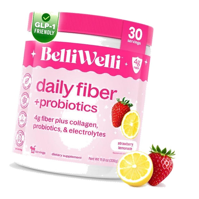 Belli Welli Fiber Supplement Powder with Prebiotics for Digestive Health and GLP-1 Support, Soluble Fiber for Gut Health & Debloat, Keto, Gluten Free, 30 Servings (1 Pack) Strawberry Lemonade
