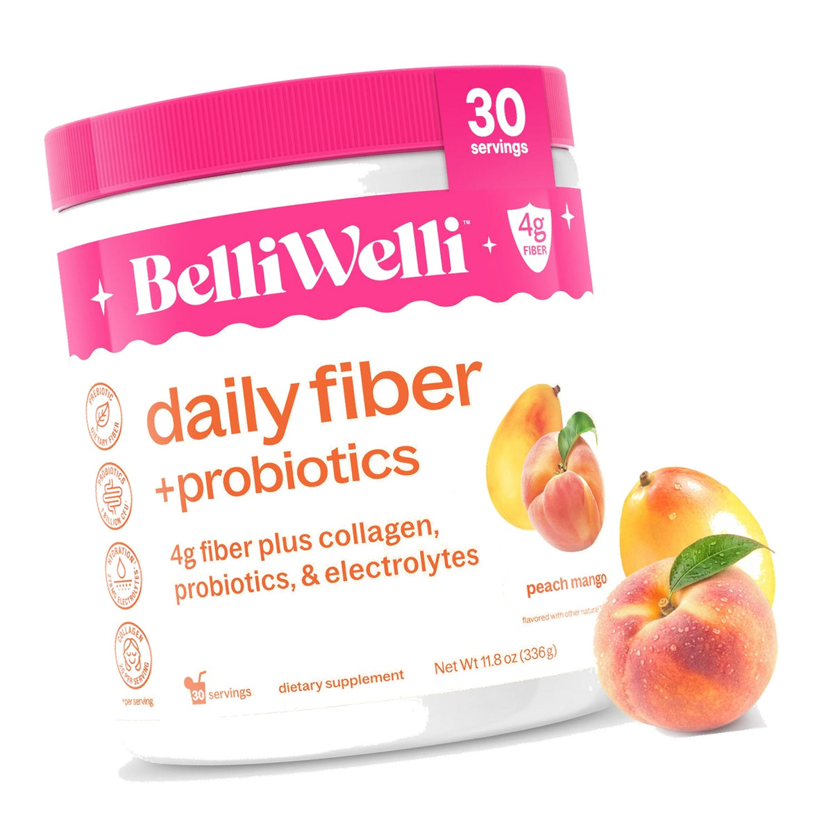 Belli Welli Fiber Supplement Powder with Prebiotics for Digestive Health Support, Soluble Fiber for Gut Health & Debloat, Keto, Gluten Free, 30 Servings (1 Pack) Peach Mango