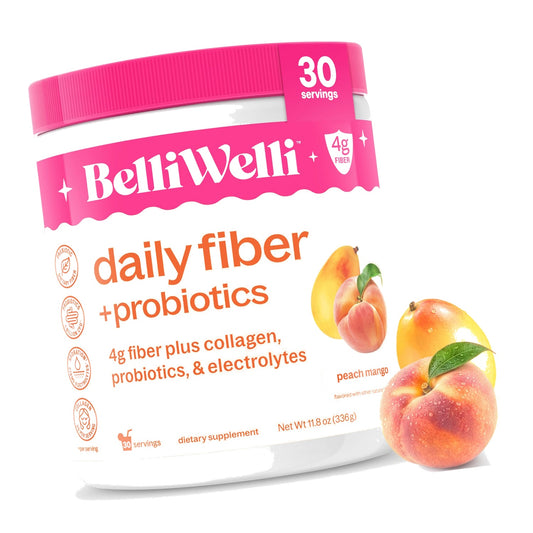 Belli Welli Fiber Supplement Powder with Prebiotics for Digestive Health Support, Soluble Fiber for Gut Health & Debloat, Keto, Gluten Free, 30 Servings (1 Pack) Peach Mango