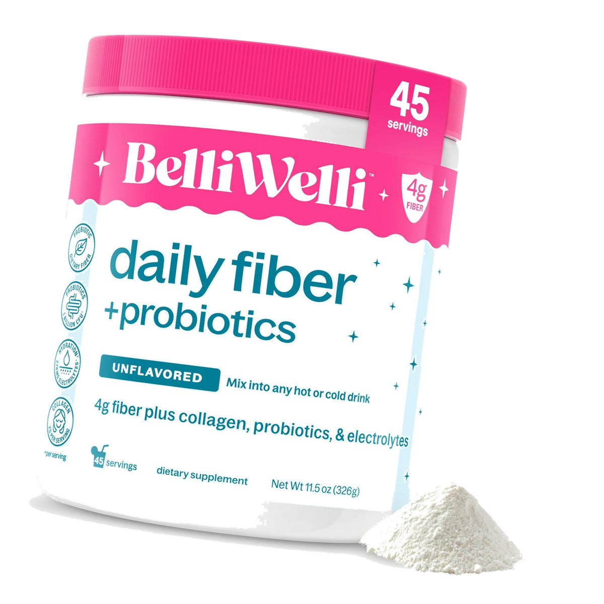 Belli Welli Fiber Supplement Powder with Prebiotics for Digestive Health and GLP-1 Support, Soluble Fiber for Gut Health & Debloat, Keto, Gluten Free, 45 Servings (1 Pack) Unflavored
