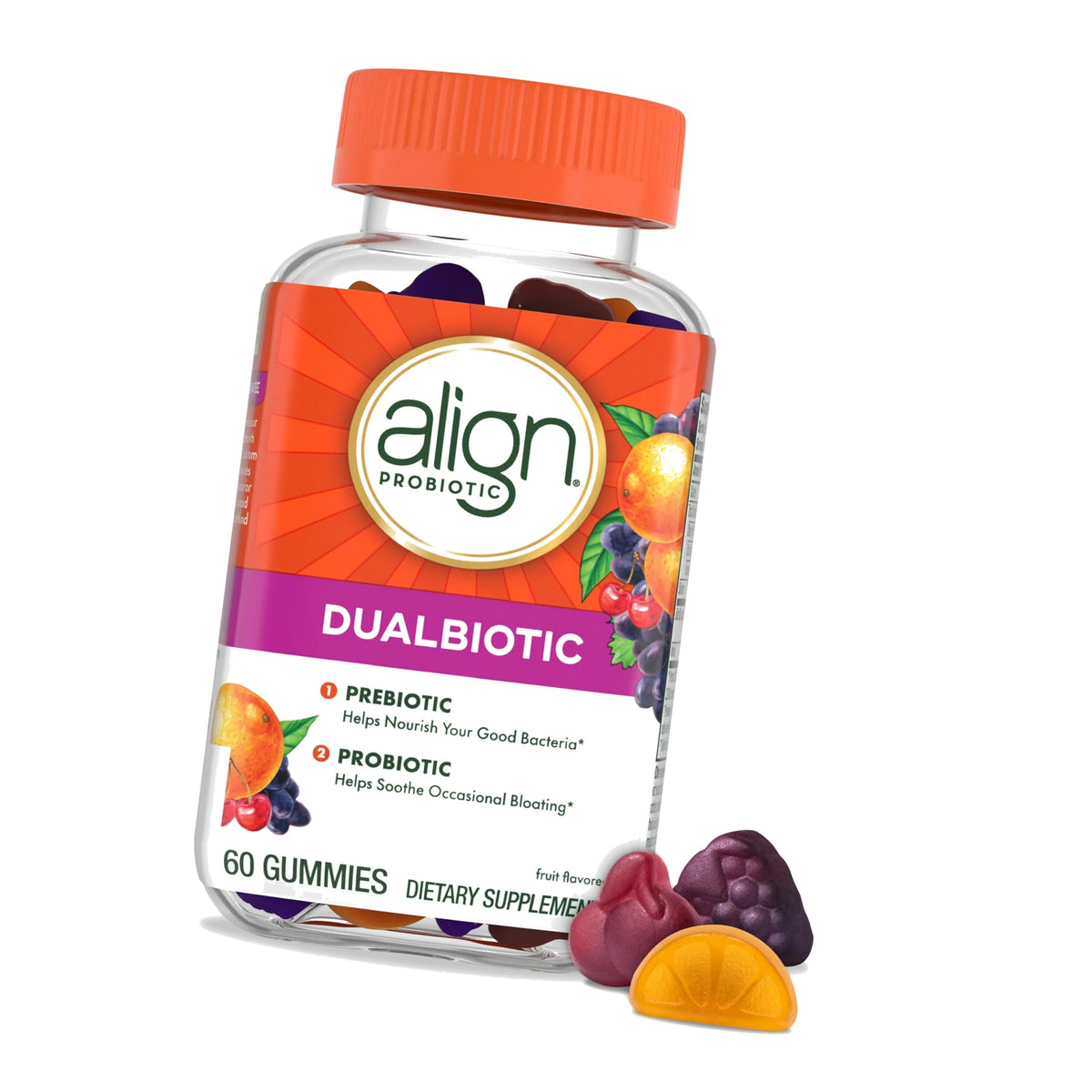 Align Dualbiotic, Prebiotics and Probiotics for Women and Men, Probiotics for Digestive Health, Prebiotics Help Nourish Good Bacteria, Natural Fruit Flavors, 60 Probiotic Gummies