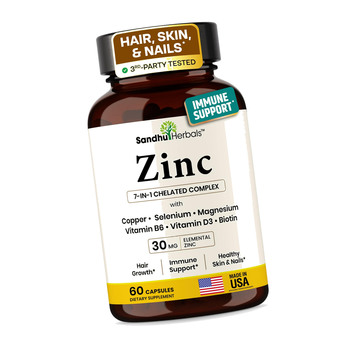 Zinc 30mg 60 Capsules with Copper Selenium Biotin | for Hair Skin & Nails