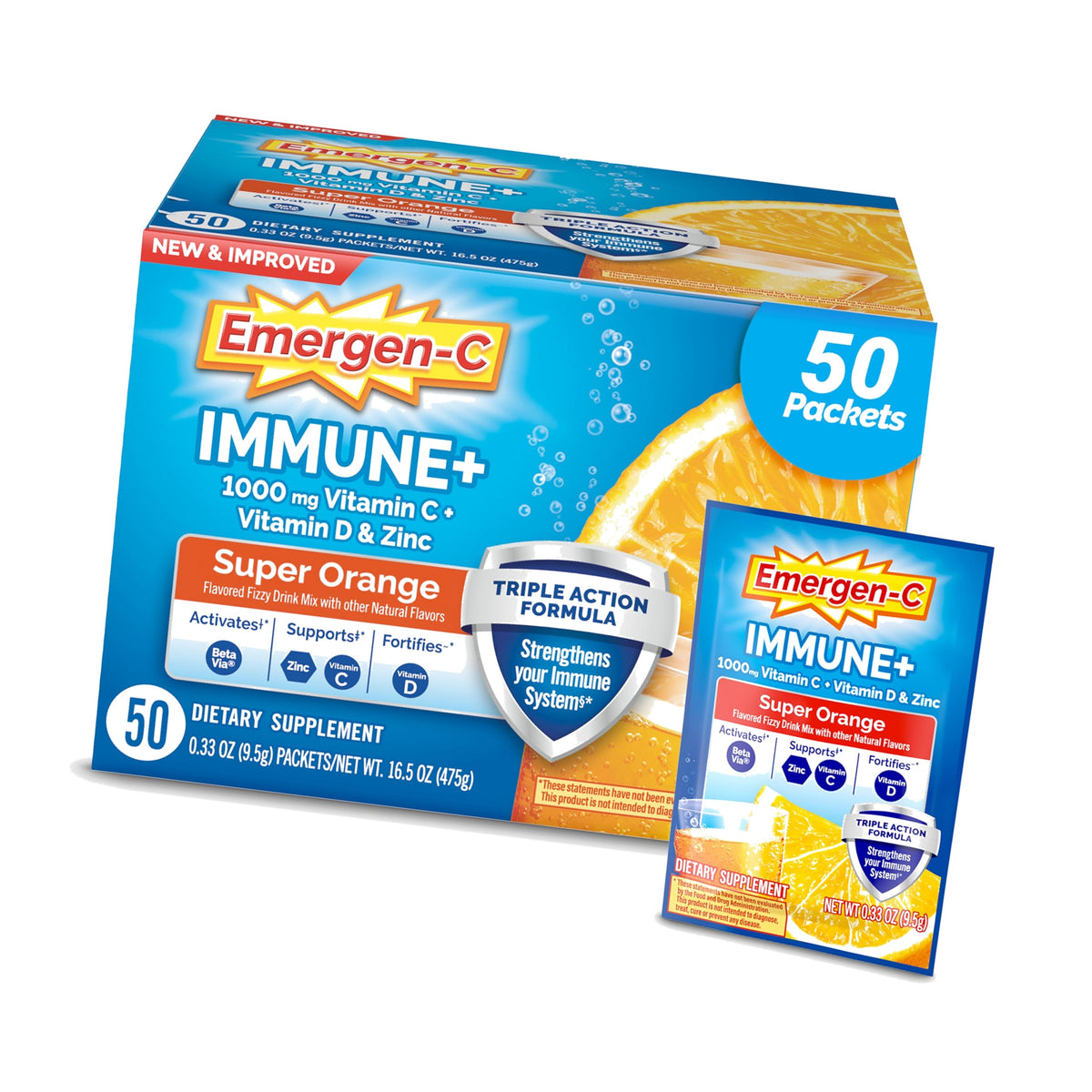 Emergen-C Immune+ Triple Action Immune Support Powder, Super Orange – 50 Count