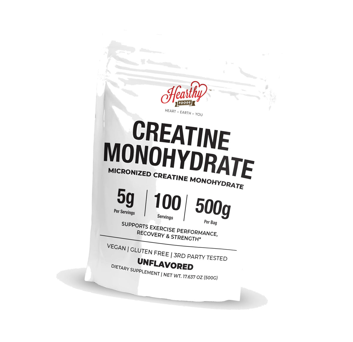 HEARTHY FOODS Creatine Monohydrate Micronized Powder 500G - 100 Servings, 5000mg Per Serving (5g) - for Men & Women Muscle Growth & Recovery - UNFLAVORED