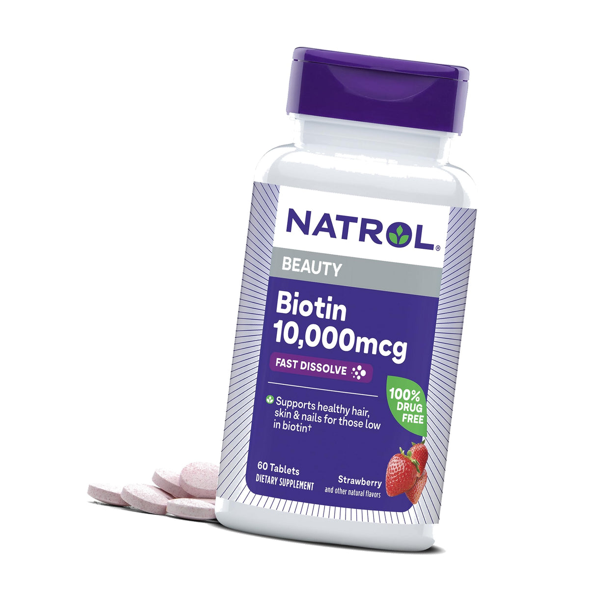 Natrol Biotin 10000mcg, 4X Faster Dissolve Supplement for Healthy Hair, Skin and Nails for Those Low in Biotin, Plus Energy Metabolism Support, 60 Tablets, Up to a 60 Day Supply