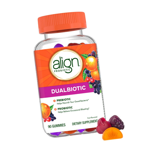 Align Dualbiotic, Prebiotics and Probiotics for Women and Men, Probiotics for Digestive Health, Prebiotics Help Nourish Good Bacteria, Natural Fruit Flavors, 90 Probiotic Gummies