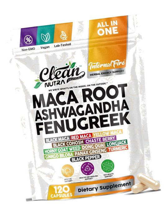 Clean Nutraceuticals Ashwagandha Maca Root Fenugreek Supplement with Tongkat Ali Ginseng - Assists with Stress, Mood & Thyroid - Ashwagandha Capsules Fenugreek Caps (120 Count (Pack of 1))
