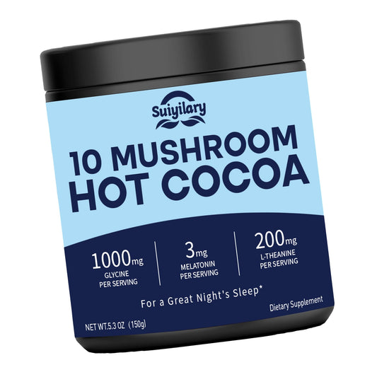 Suiyilary 10 Mushroom Hot Cocoa, 3mg Melatonin Sleep Supplement, Sugar Free Keto Cocoa Powder, Nighttime Drink, 1000mg Glycine, 200mg L-Theanine, Help Fall Asleep and Stay Asleep, 15 Servings