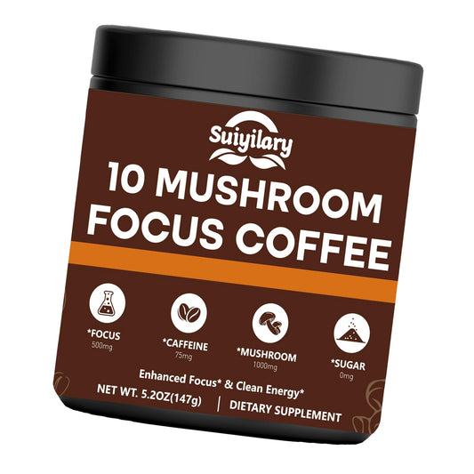 Suiyilary Mushroom Coffee with Focus, 10 Mushroom Extract Powder Blend Lion's Mane, Brain Supplements with Instant Coffee for Energy, Focus, Memory and Immunity 147g 21 Serving