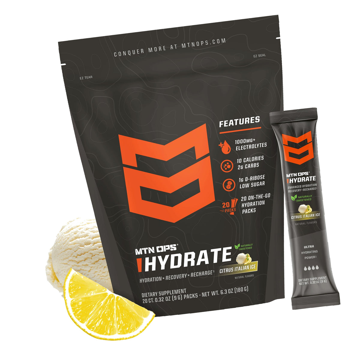 MTN OPS Hydrate Sugar Free Electrolyte Packets, Citrus Italian Ice