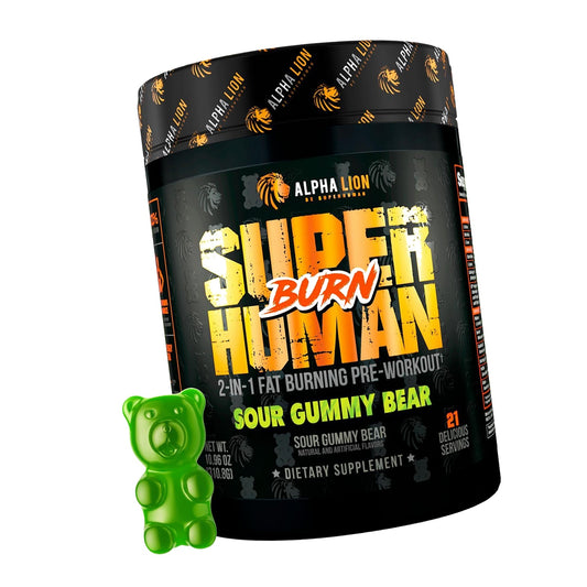 ALPHA LION Superhuman Burn, 2 in 1 Metabolism Booster Pre Workout and Men's Thermogenic Fat Burner, Sour Gummy Bear (Hulk Juice), Package Varies