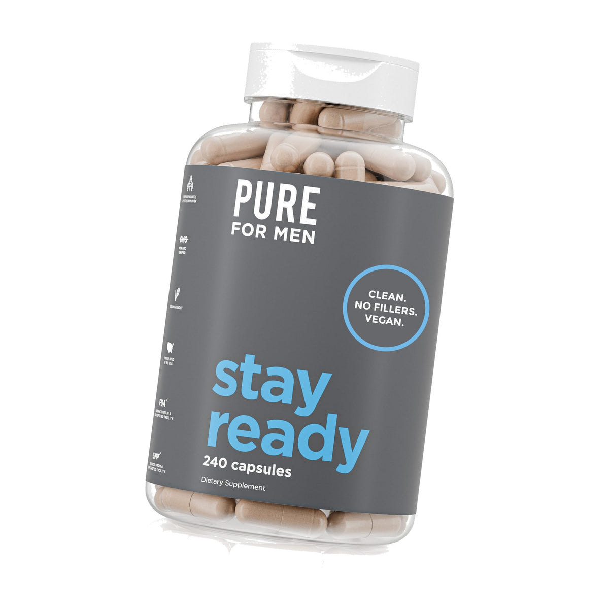Pure for Men Stay Ready Fiber Supplement Psyllium Husk (240 Vegan Capsules)