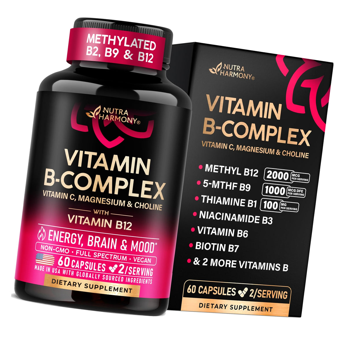 Vitamin B Complex for Men & Women - Methylated B-Complex & Vit B12 - 60Caps