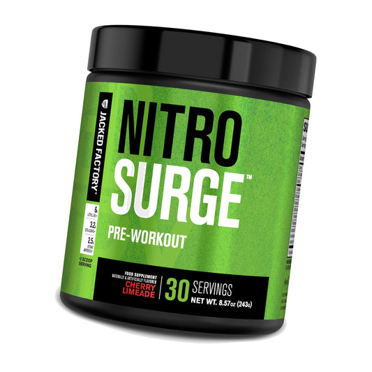 Jacked Factory NITROSURGE Pre Workout Supplement - Endless Energy, Instant Strength Gains, Clear Focus, Intense Pumps - NO Booster & Preworkout Powder with Beta Alanine - 30 Servings, Cherry Limeade