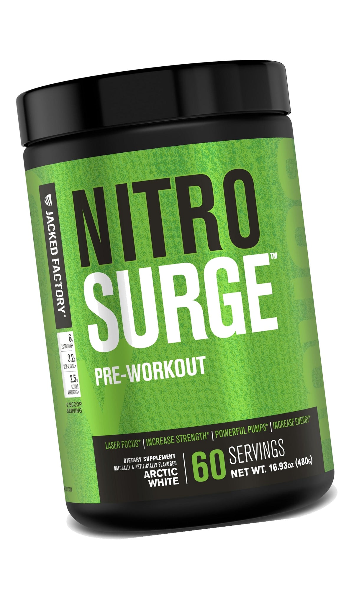 Jacked Factory NITROSURGE Pre Workout Supplement - Endless Energy, Instant Strength Gains, Clear Focus, Intense Pumps - NO Booster & Powerful Preworkout Energy Powder - 60 Servings, Arctic White