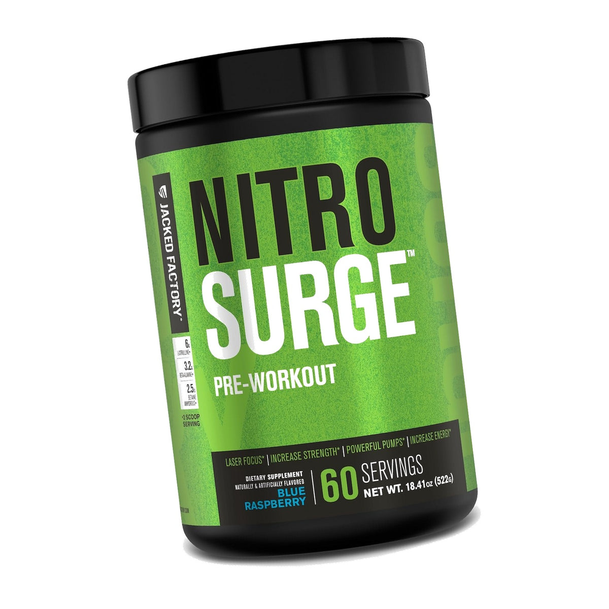 Jacked Factory NITROSURGE Pre Workout Supplement - Energy Booster, Instant Strength Gains, Clear Focus, & Intense Pumps - NO Booster & Powerful Preworkout Energy Powder - 60 Servings, Blue Raspberry