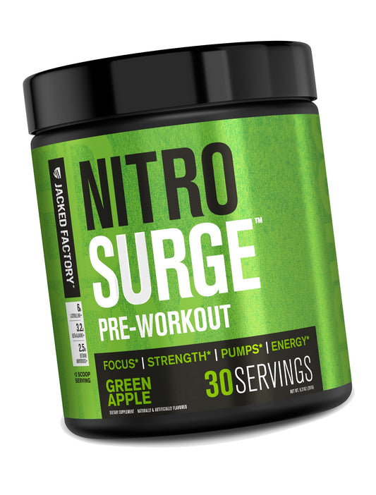 Jacked Factory NITROSURGE Pre Workout Supplement - Endless Energy, Instant Strength Gains, Clear Focus, Intense Pumps - NO Booster & Powerful Preworkout Energy Powder - 30 Servings, Green Apple