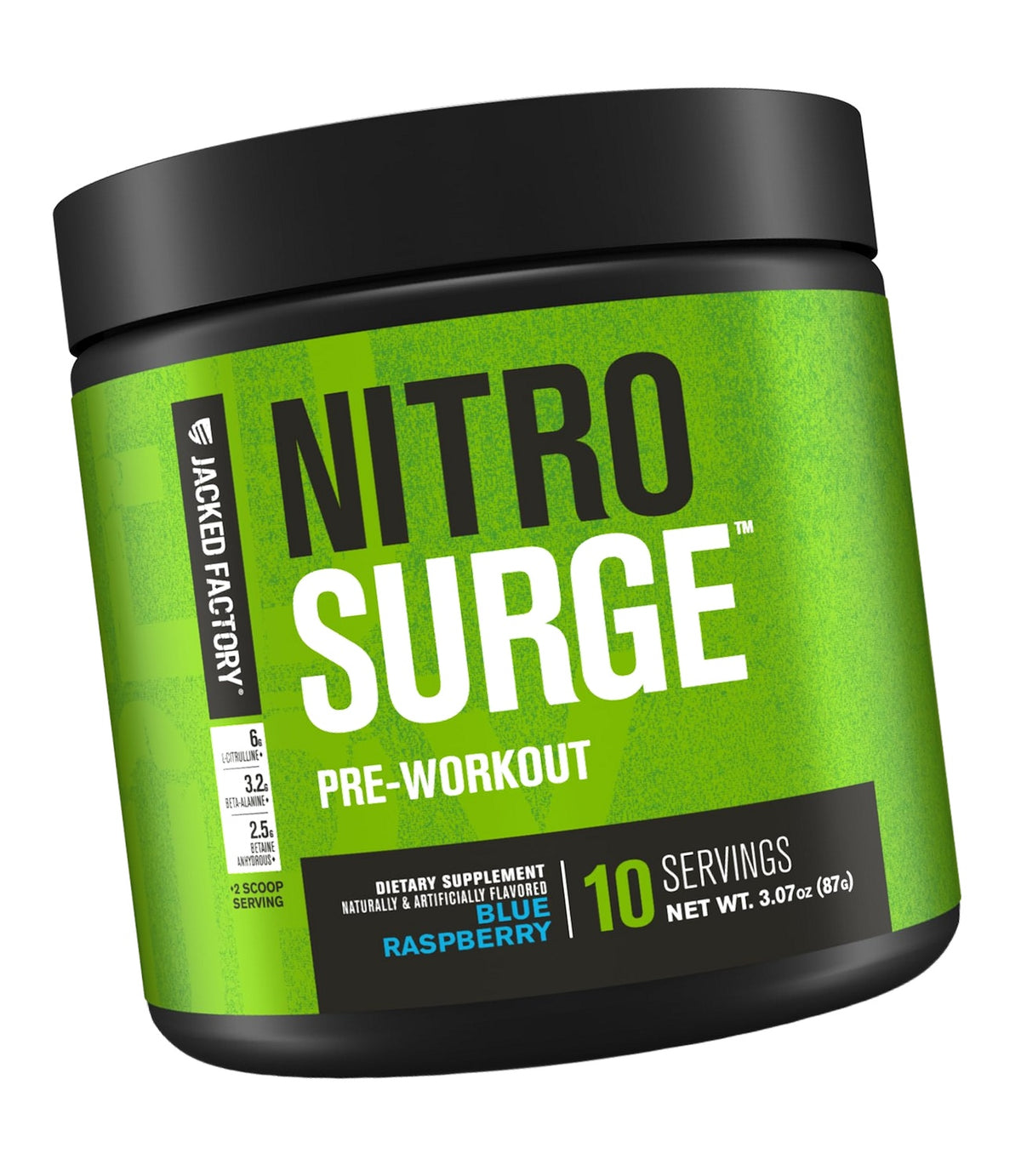 Jacked Factory NITROSURGE Pre Workout Supplement - Endless Energy, Instant Strength Gains, Clear Focus, Intense Pumps - NO Booster & Preworkout Powder with Beta Alanine - 10 Servings, Blue Raspberry