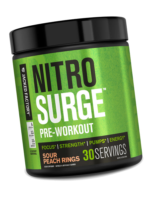 Jacked Factory NITROSURGE Pre Workout Supplement - Endless Energy, Instant Strength Gains, Clear Focus, Intense Pumps - NO Booster & Powerful Preworkout Energy Powder - 30 Servings, Sour Peach Rings